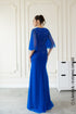 Blue V-neck evening dress with tulle cape sleeves